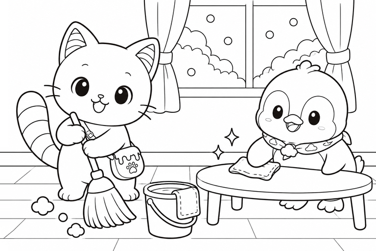 イロネコとそらペンの大掃除の無料塗り絵