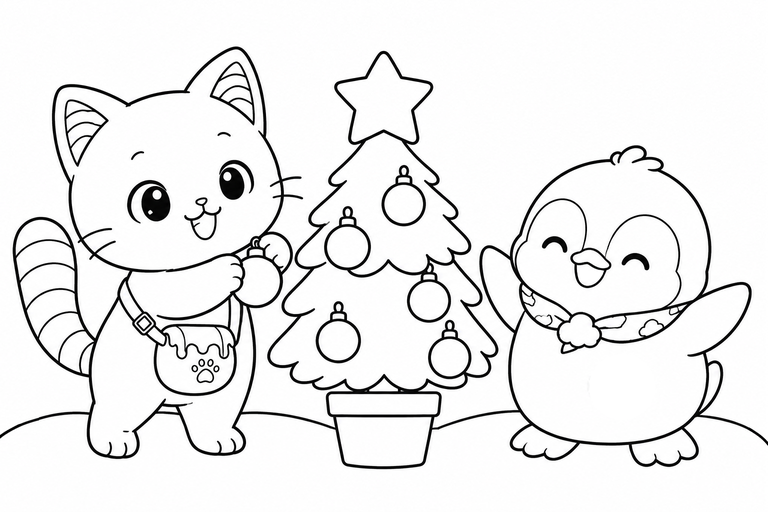 イロネコとそらペンのツリー飾りの無料塗り絵