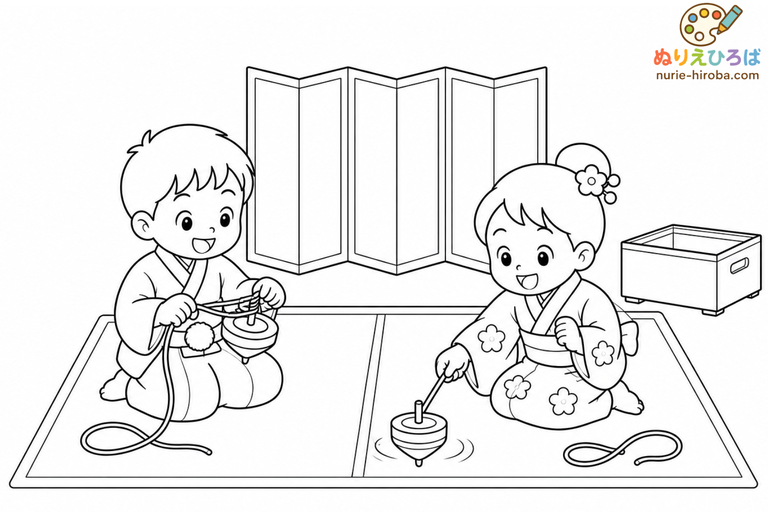 お正月のこま回しの無料塗り絵