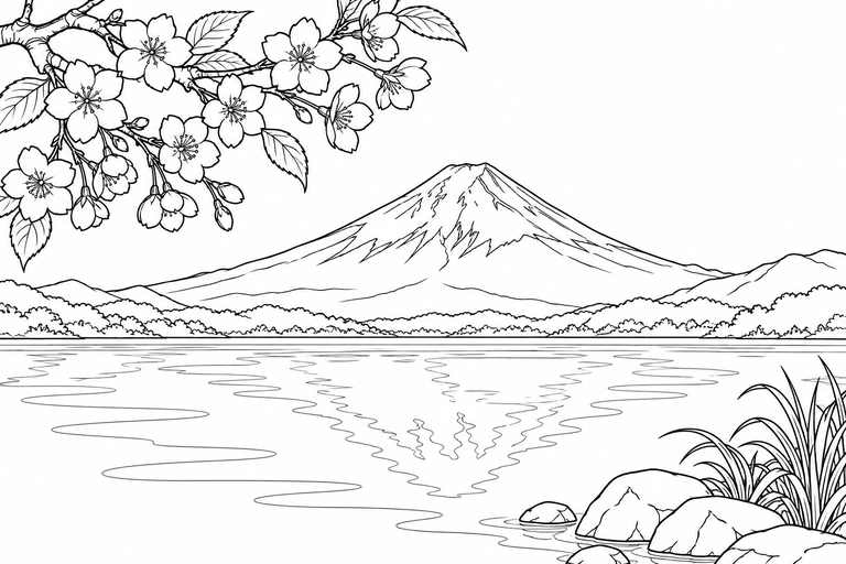 富士山と河口湖の桜の塗り絵
