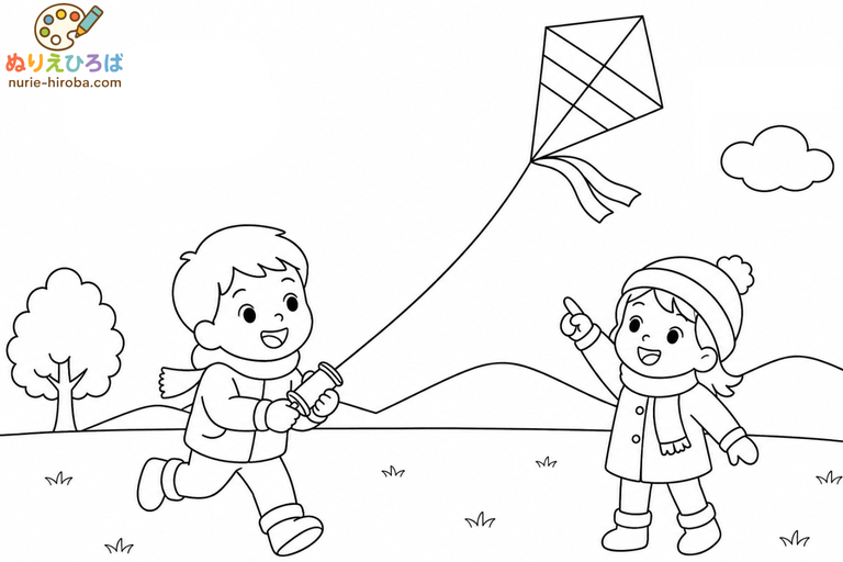 お正月の凧揚げの無料塗り絵