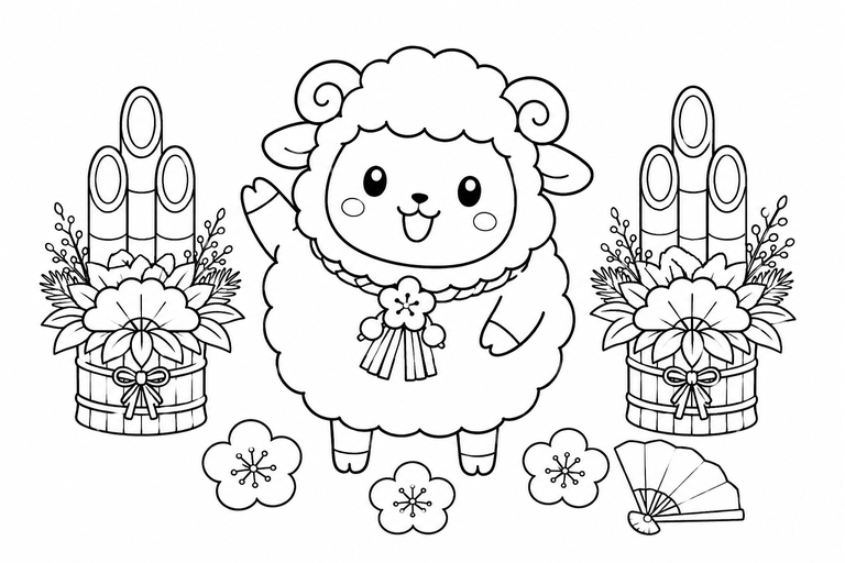 未年のひつじと門松の無料塗り絵