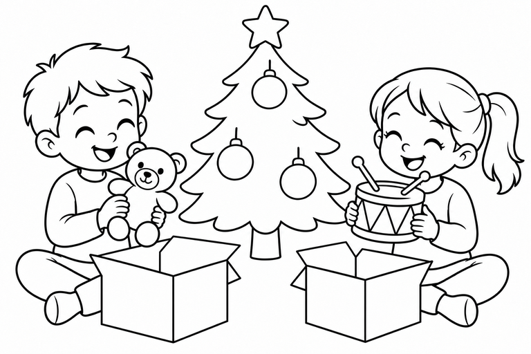 クリスマスプレゼントを開けようの無料塗り絵