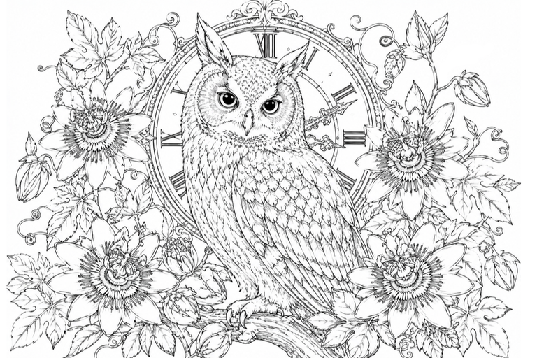 フクロウと時計草の塗り絵