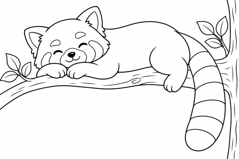 レッサーパンダの木の上のおひるねの無料塗り絵