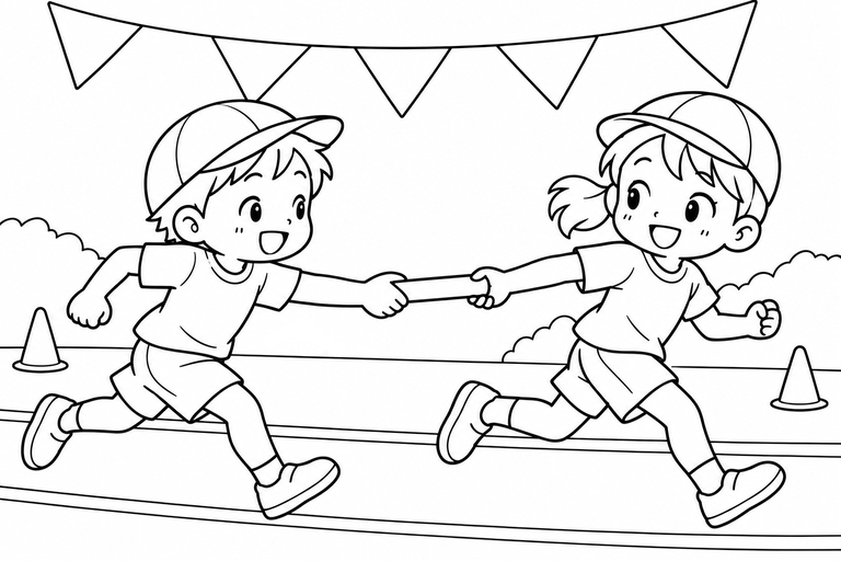 運動会のリレーの無料塗り絵
