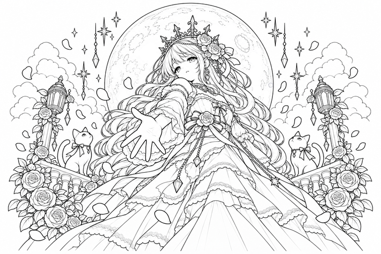 薔薇と月の少女の塗り絵