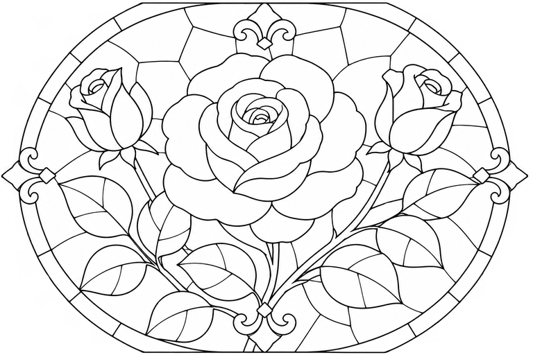 薔薇のステンドグラスの無料塗り絵