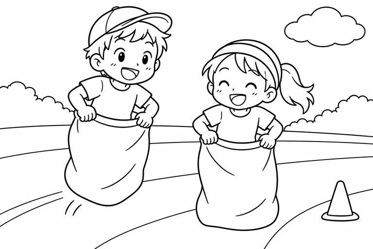 袋跳び競争の無料塗り絵