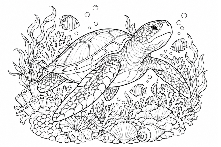 ウミガメとサンゴ礁の塗り絵