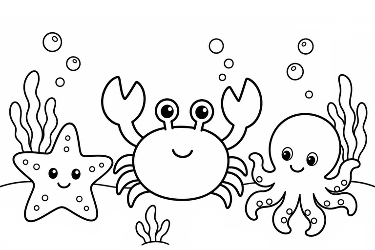 ヒトデとカニとタコの無料塗り絵