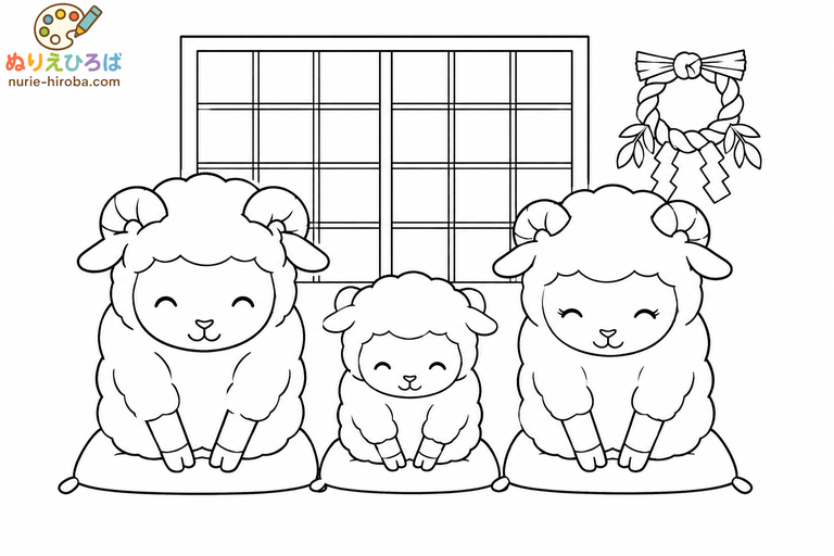 ひつじ家族の新年のご挨拶の無料塗り絵