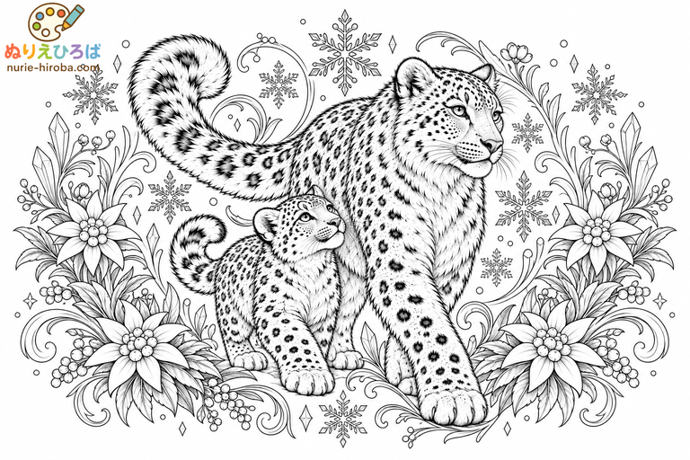 ユキヒョウとエーデルワイスの塗り絵