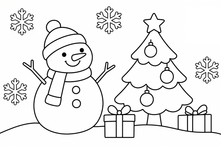 雪だるまとクリスマスツリーの塗り絵