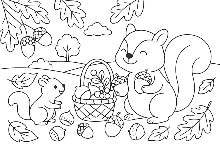 リスと秋の無料塗り絵