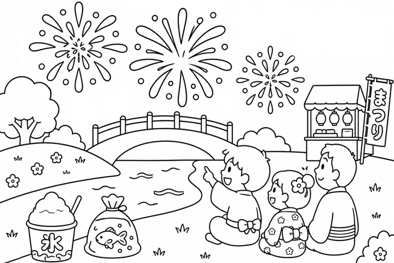 花火と屋台2の無料塗り絵