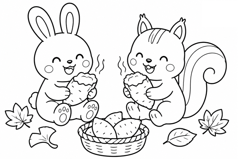 焼き芋を食べる動物たちの無料塗り絵