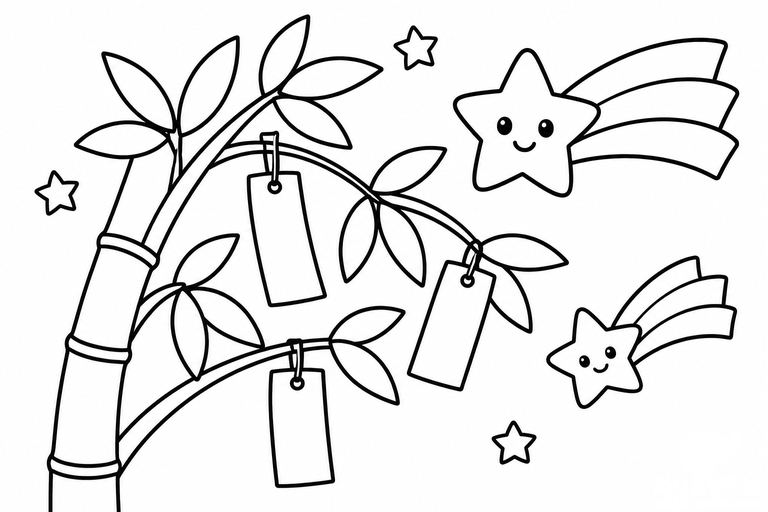 短冊と流れ星の無料塗り絵
