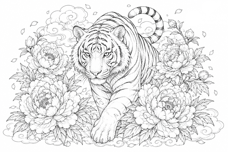 虎と牡丹の塗り絵