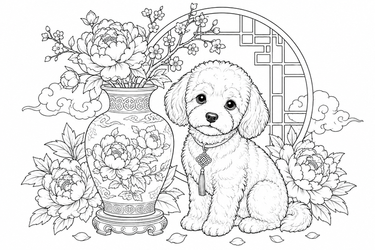 トイ・プードルと花瓶の塗り絵