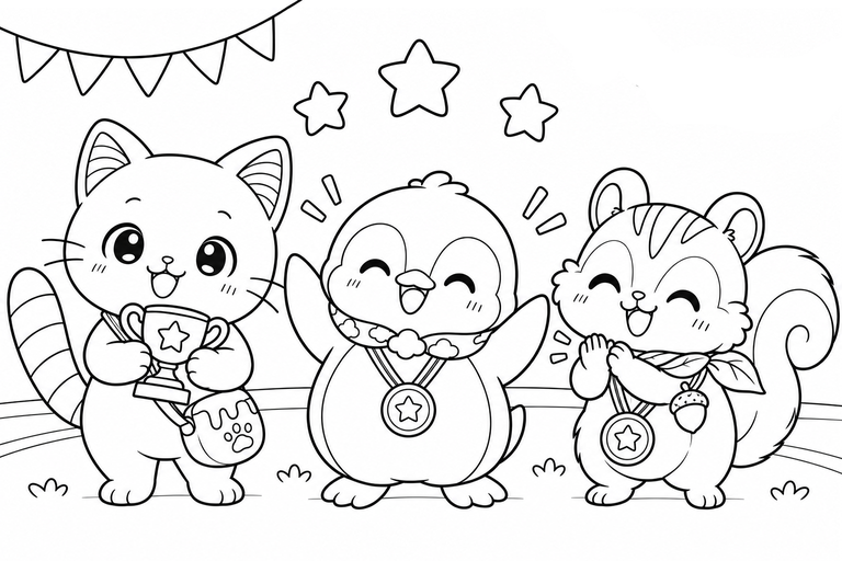 イロネコ達の表彰式の無料塗り絵