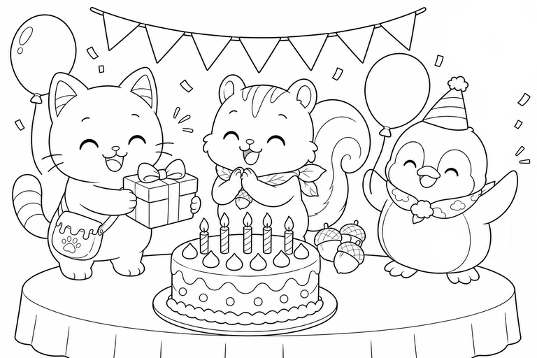 イロネコ達のお誕生日パーティーの無料塗り絵