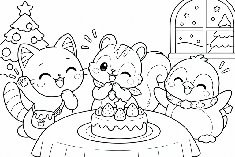 イロネコ達のクリスマスケーキの無料塗り絵