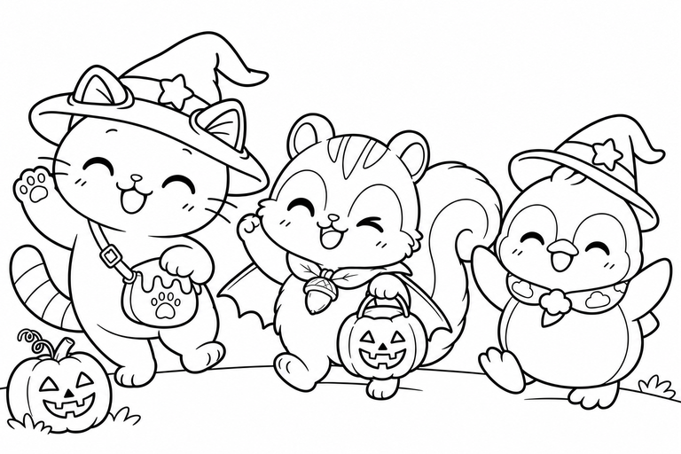 イロネコたちの、ハロウィンの行進の無料塗り絵