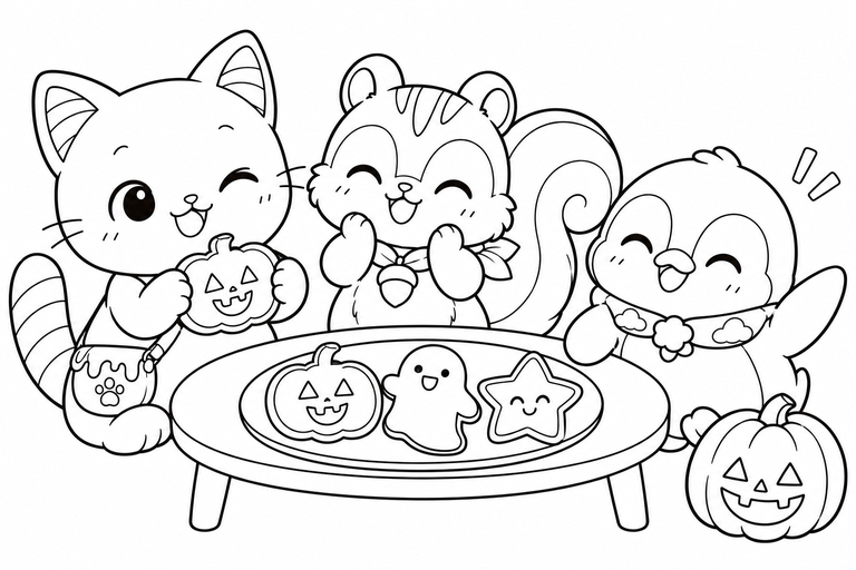 イロネコ達のハロウィンパーティーの無料塗り絵