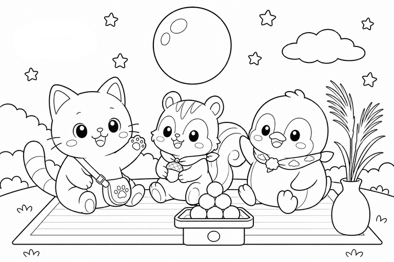 イロネコ達のお月見の無料塗り絵