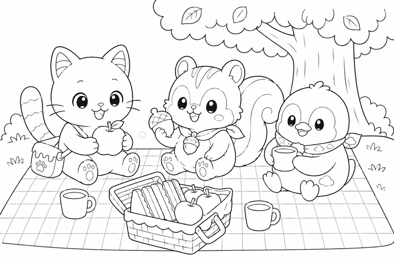 イロネコ達の秋のピクニックの塗り絵
