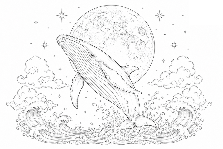 クジラと満月の塗り絵
