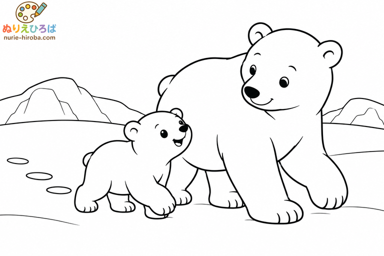 シロクマ親子の雪さんぽの無料塗り絵